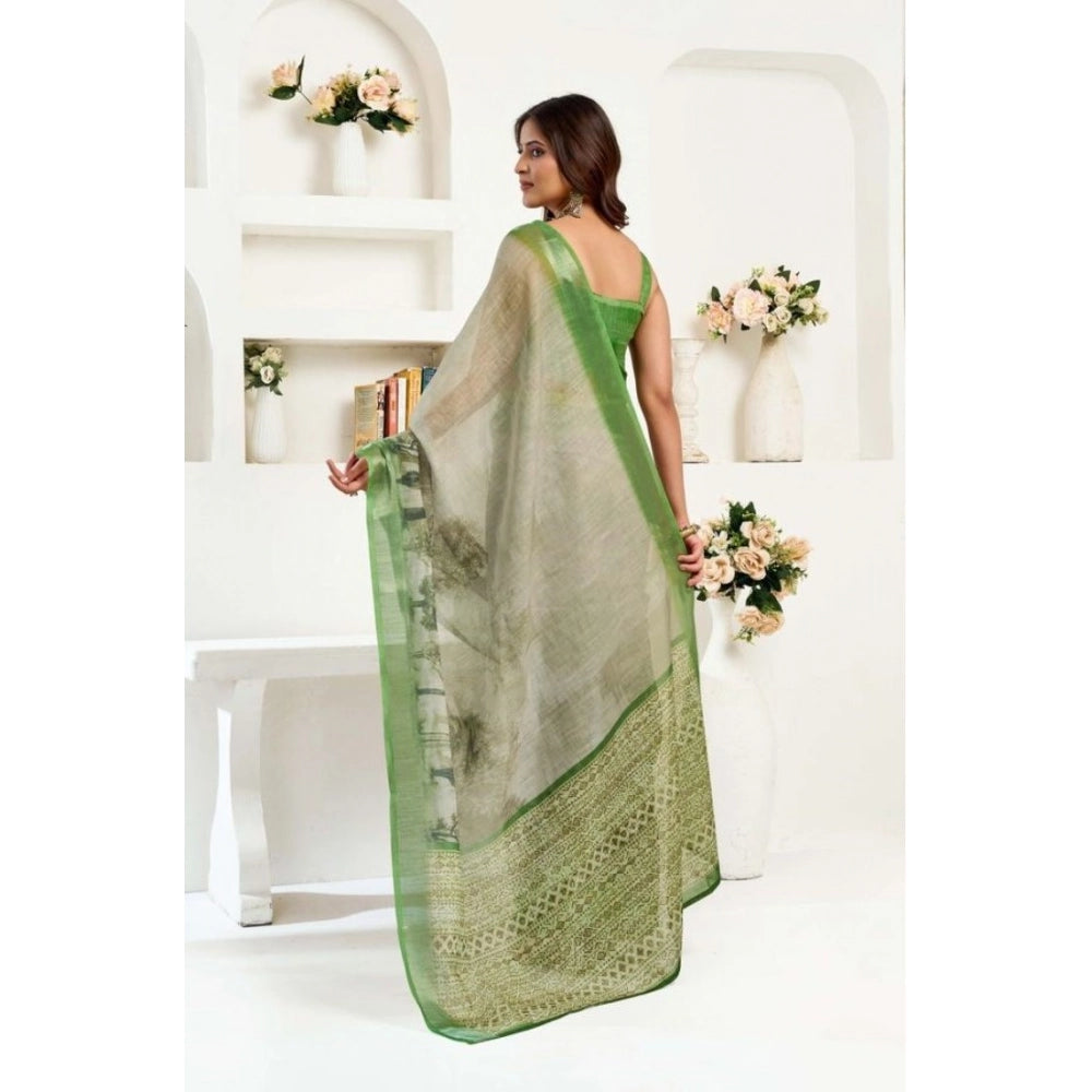 Generic Women's Faux Linen Printed Ready to wear Saree With Unstitched Blouse 5.5Mtr (Light_Green)
