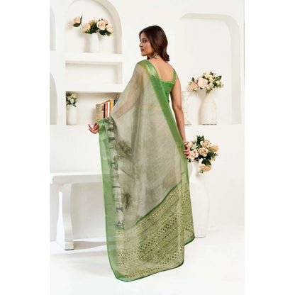 Generic Women's Faux Linen Printed Ready to wear Saree With Unstitched Blouse 5.5Mtr (Light_Green)