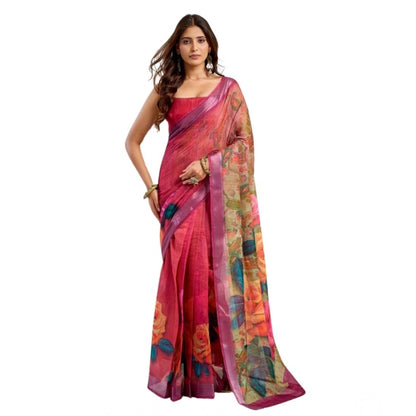 Generic Women's Faux Linen Floral Print Ready to wear Saree With Unstitched Blouse 5.5Mtr (Pink)