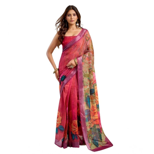 Generic Women's Faux Linen Floral Print Ready to wear Saree With Unstitched Blouse 5.5Mtr (Pink)