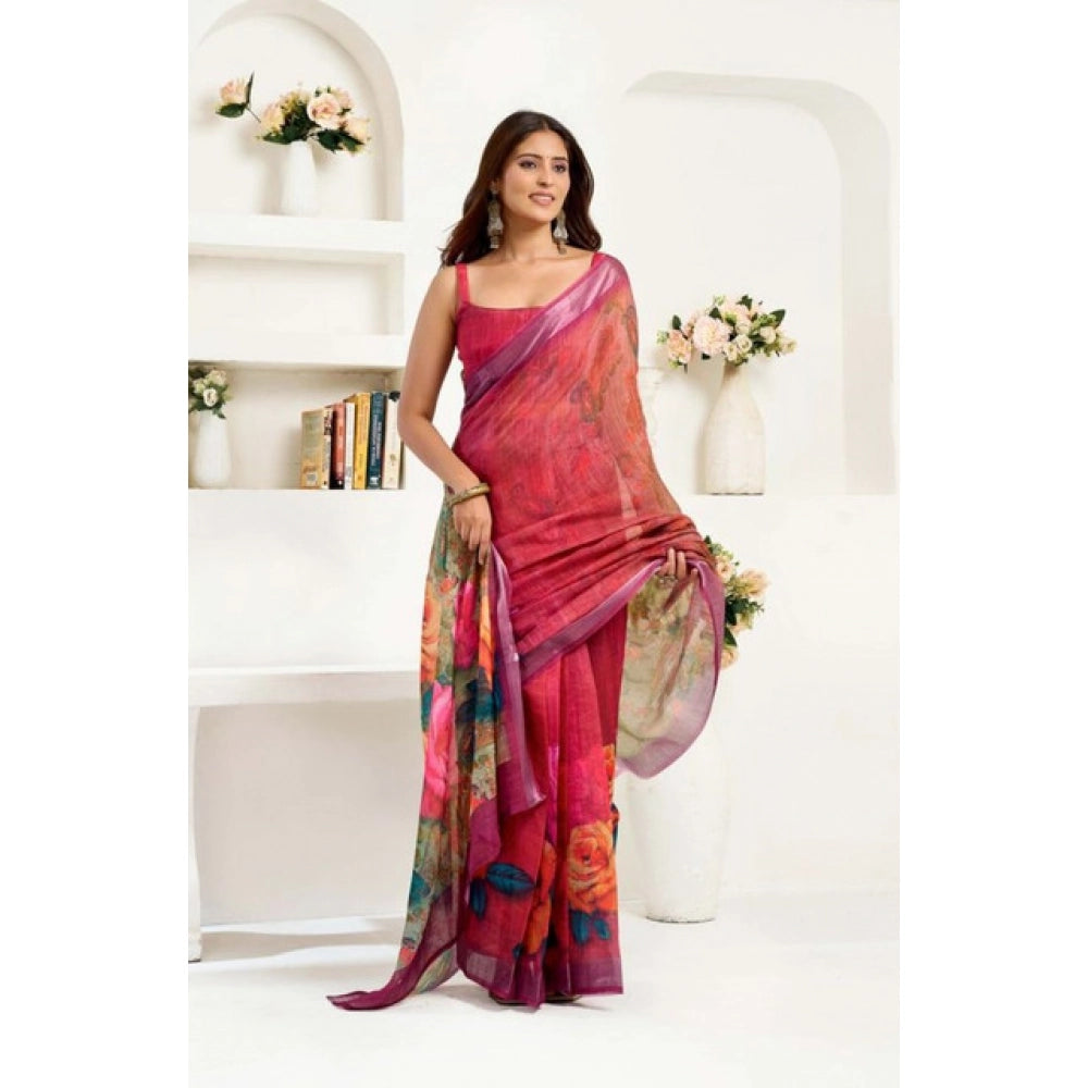 Generic Women's Faux Linen Floral Print Ready to wear Saree With Unstitched Blouse 5.5Mtr (Pink)