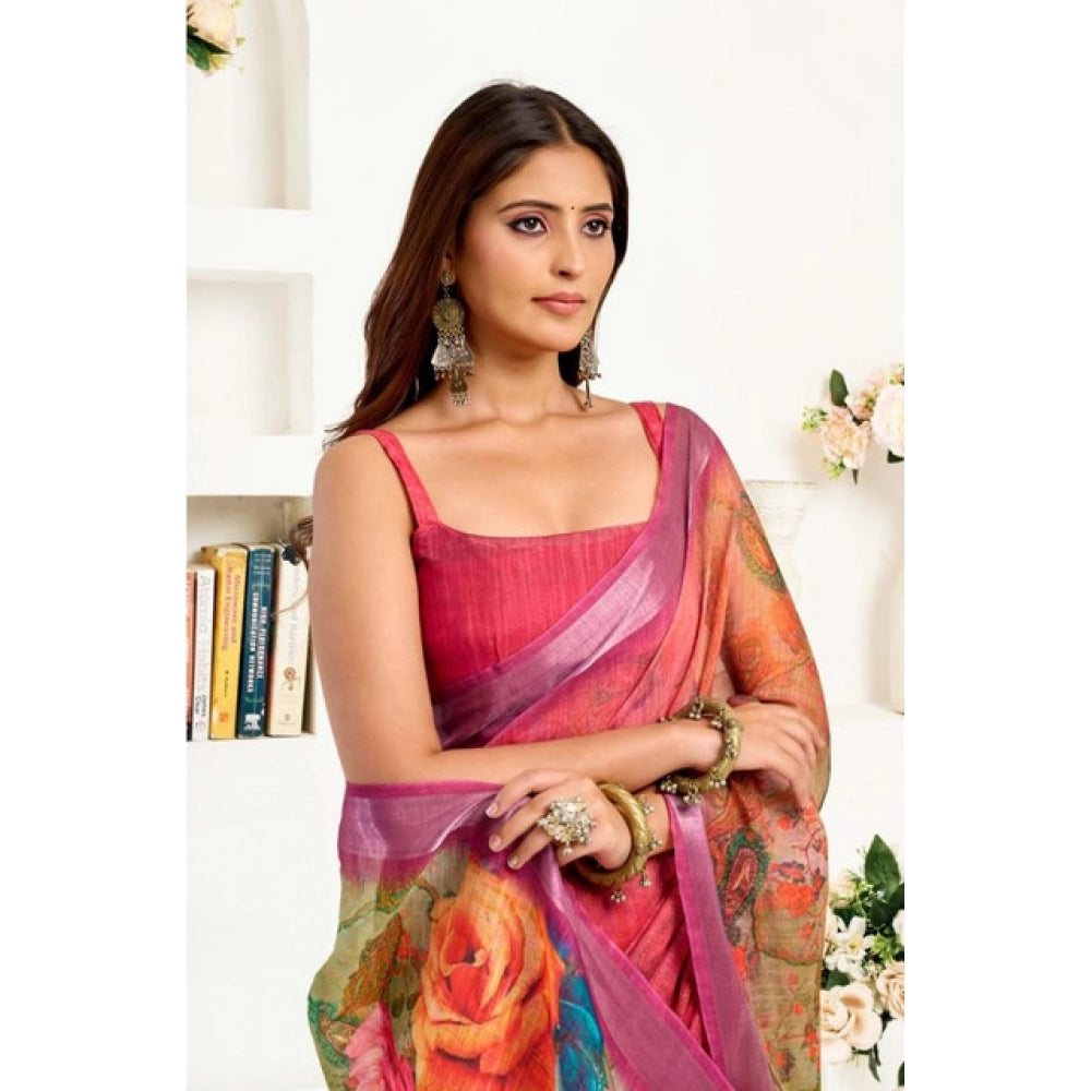 Generic Women's Faux Linen Floral Print Ready to wear Saree With Unstitched Blouse 5.5Mtr (Pink)