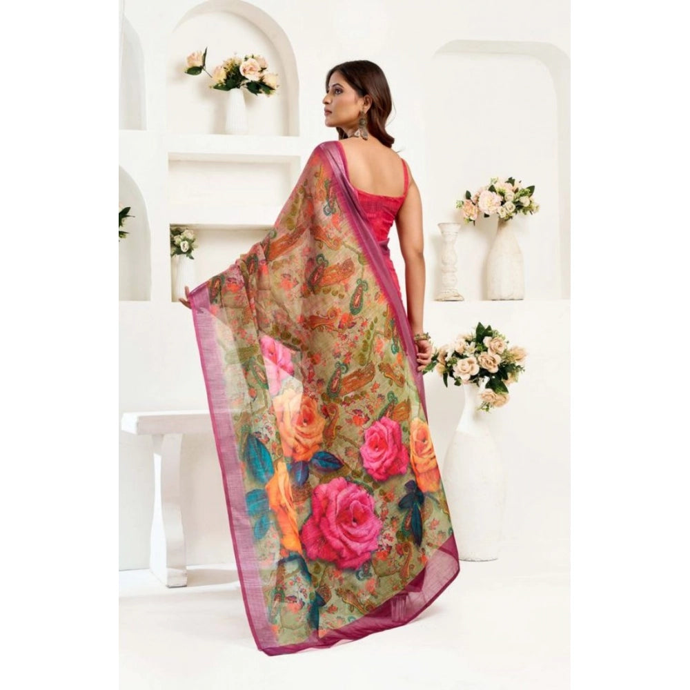 Generic Women's Faux Linen Floral Print Ready to wear Saree With Unstitched Blouse 5.5Mtr (Pink)
