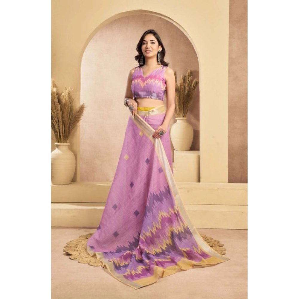 Generic Women's Faux Linen Floral Ready to wear Saree With Unstitched Blouse 5.5Mtr (Lavender)