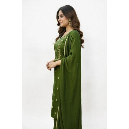 Generic Women's Georgette Ethnic Motif Round 3/4th Sleeve Kurti With Pant Dupatta Set (Mahendi)