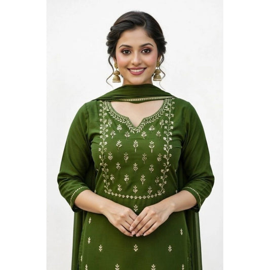 Generic Women's Georgette Ethnic Motif Round 3/4th Sleeve Kurti With Pant Dupatta Set (Mahendi)