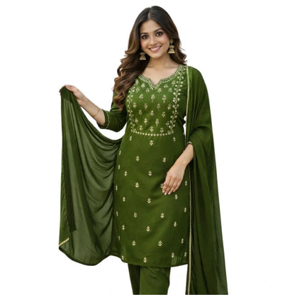 Generic Women's Georgette Ethnic Motif Round 3/4th Sleeve Kurti With Pant Dupatta Set (Mahendi)