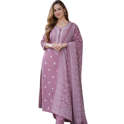 Generic Women's Chanderi Silk Ethnic Motif Round 3/4th Sleeve Kurti With Pant Dupatta Set (Peach)