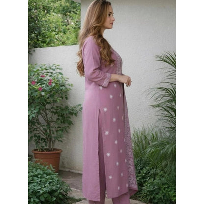 Generic Women's Chanderi Silk Ethnic Motif Round 3/4th Sleeve Kurti With Pant Dupatta Set (Peach)