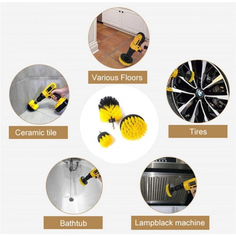 Generic Pack Of 3 Polypropylene Solid Power Drill Scrub Brush Cleaning Set (Yellow-Black)