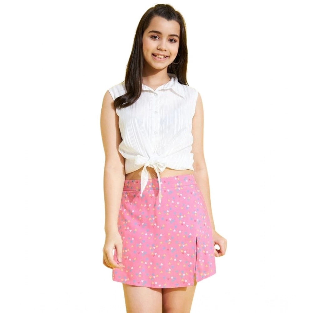 Generic Girl's Polyester Lurex Printed Sleeveless Skorts Set (White-Pink)