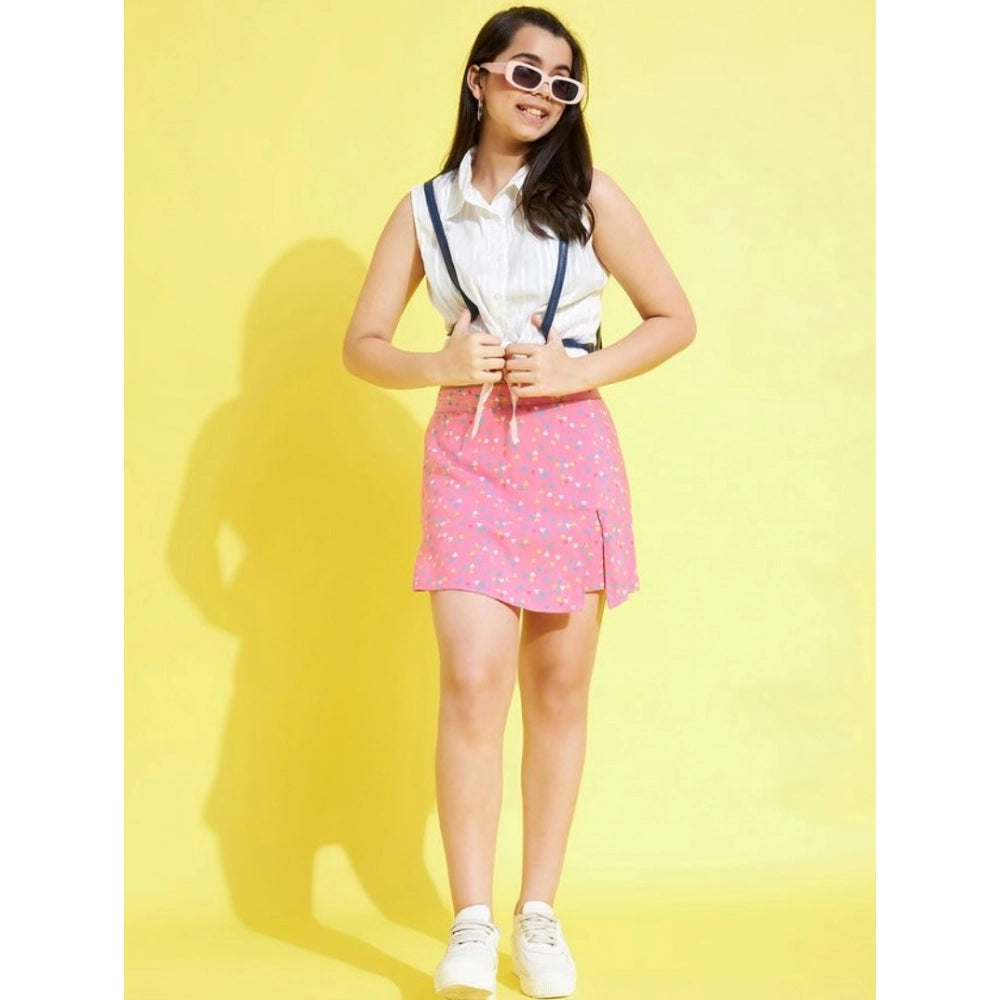 Generic Girl's Polyester Lurex Printed Sleeveless Skorts Set (White-Pink)