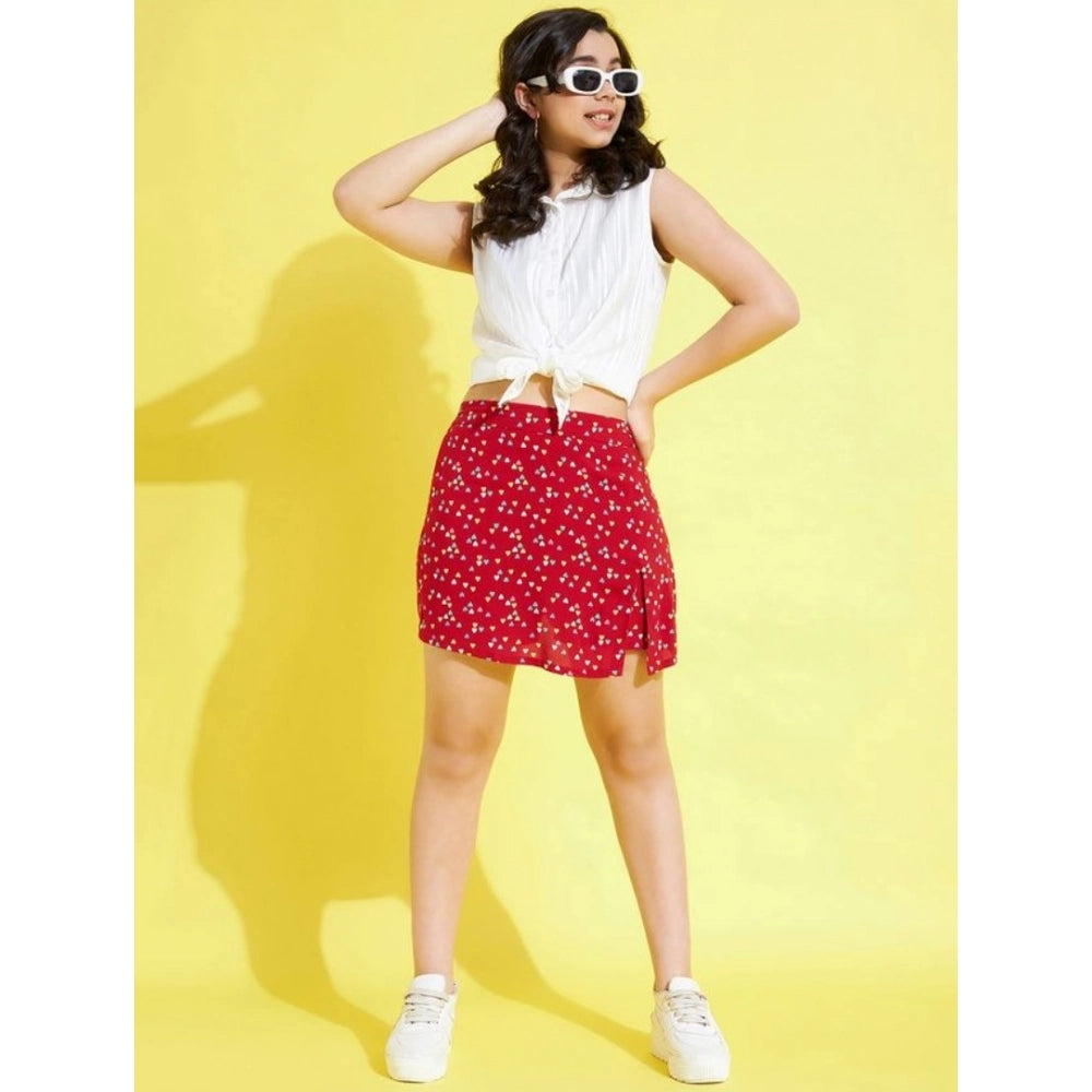 Generic Girl's Polyester Lurex Printed Sleeveless Skorts Set (White-Red)