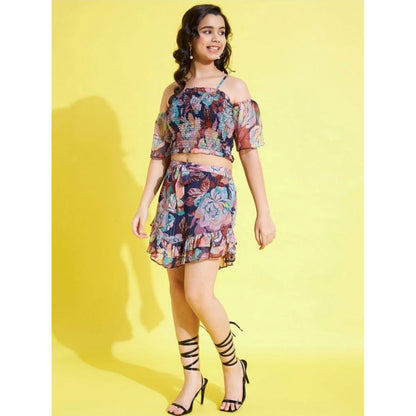 Generic Girl's Polyester Lurex Floral Shoulder Straps Top and Skirt Set (Multicolor)