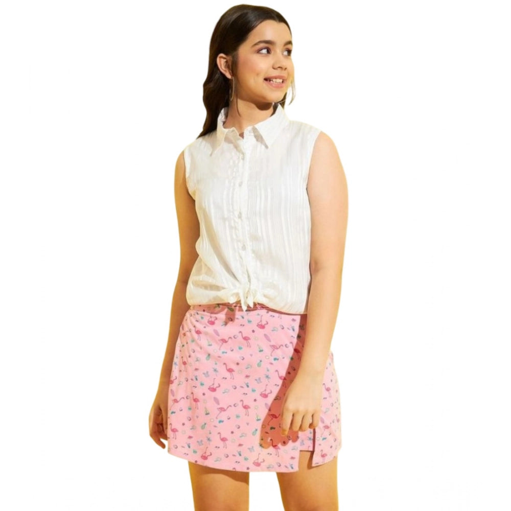 Generic Girl's Polyester Lurex Printed Sleeveless Top Set (Pink-White)