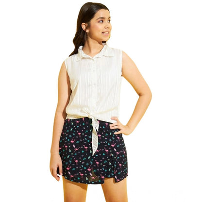Generic Girl's Polyester Lurex Printed Sleeveless Top Set (White-Navy)