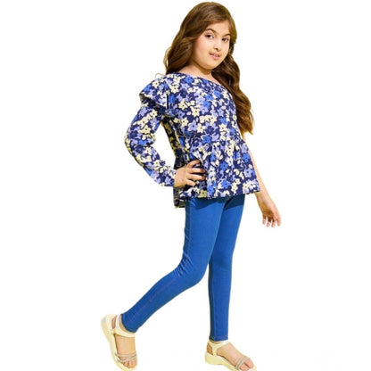 Generic Girl's Polyester Floral One Shoulder Jeggings Set (Blue)