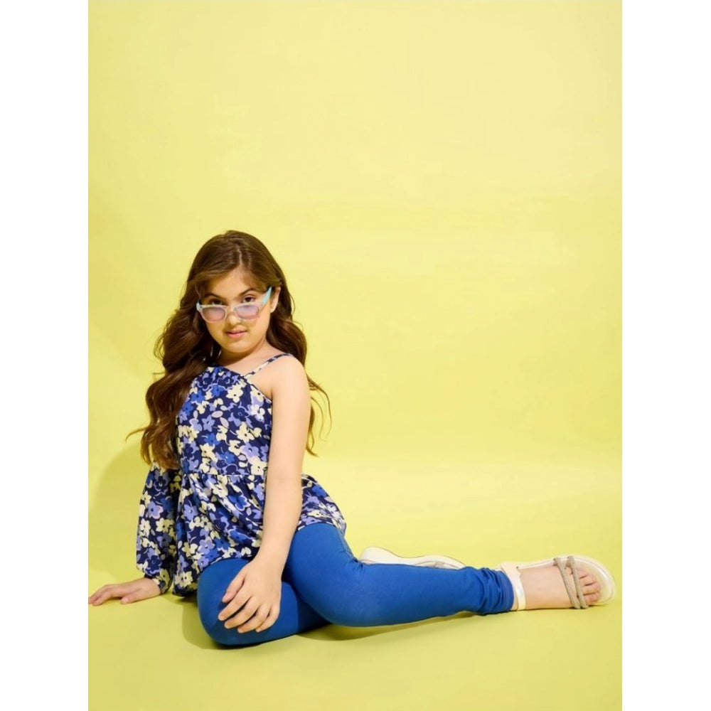 Generic Girl's Polyester Floral One Shoulder Jeggings Set (Blue)