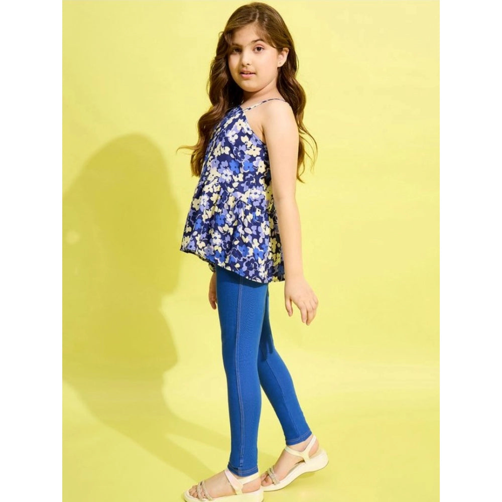 Generic Girl's Polyester Floral One Shoulder Jeggings Set (Blue)