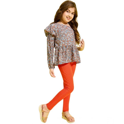 Generic Girl's Polyester Floral One Shoulder Jeggings Set (Grey-Orange)
