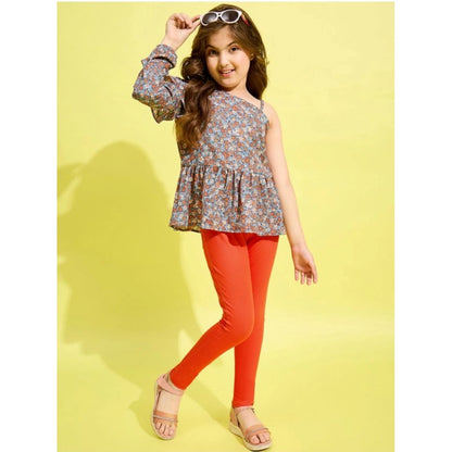 Generic Girl's Polyester Floral One Shoulder Jeggings Set (Grey-Orange)