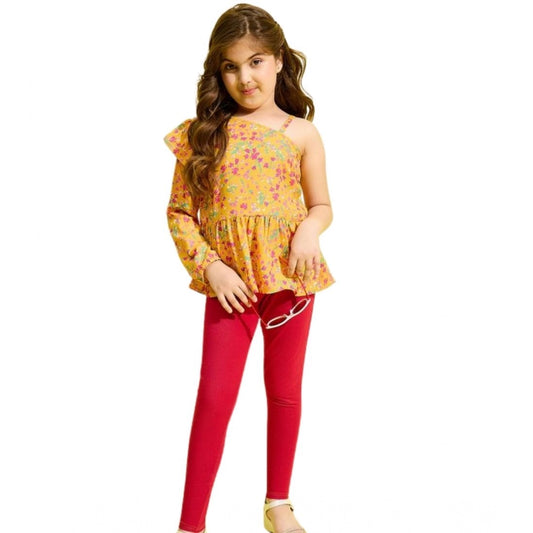 Generic Girl's Polyester Floral One Shoulder Jeggings Set (Yellow-Red)