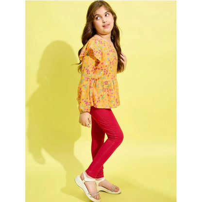 Generic Girl's Polyester Floral One Shoulder Jeggings Set (Yellow-Red)