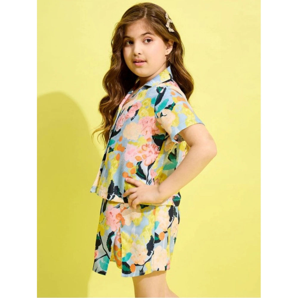 Generic Girl's Polyester Cotton Blend Pattern-Floral Short Sleeves Skorts Set (Blue-Multicolor)