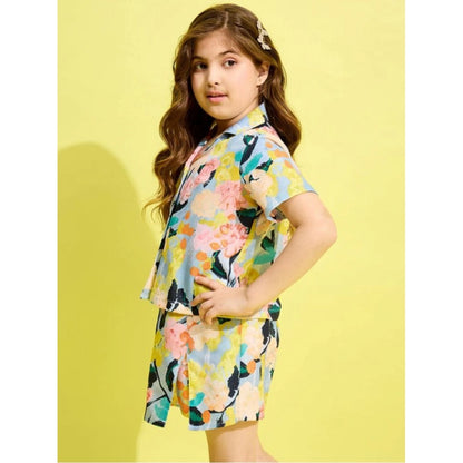 Generic Girl's Polyester Cotton Blend Pattern-Floral Short Sleeves Skorts Set (Blue-Multicolor)