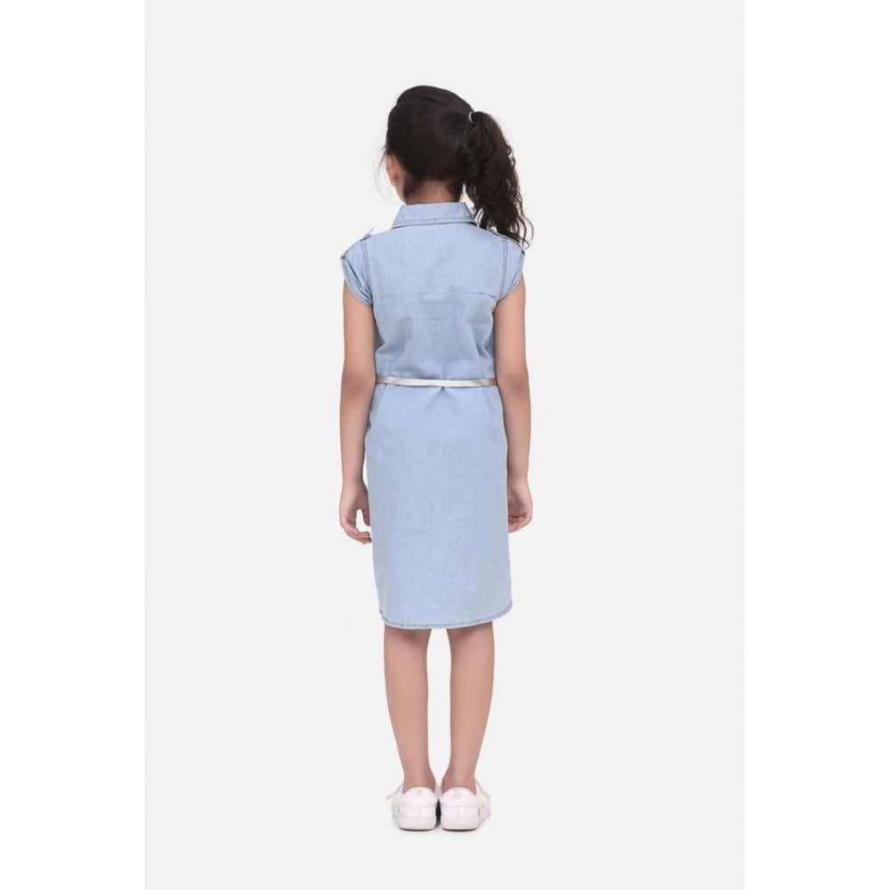 Generic Girl's Denim Hi Lo Short Sleeve Dress with Belt (Blue)