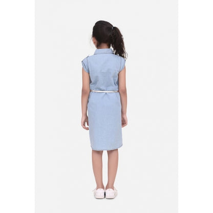 Generic Girl's Denim Hi Lo Short Sleeve Dress with Belt (Blue)
