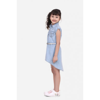 Generic Girl's Denim Hi Lo Short Sleeve Dress with Belt (Blue)