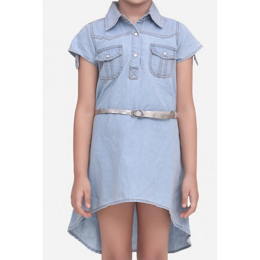 Generic Girl's Denim Hi Lo Short Sleeve Dress with Belt (Blue)