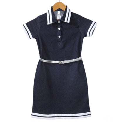 Generic Girl's Denim Lycra Ribbed Elasticated Dress with Belt (Navy Blue-White)