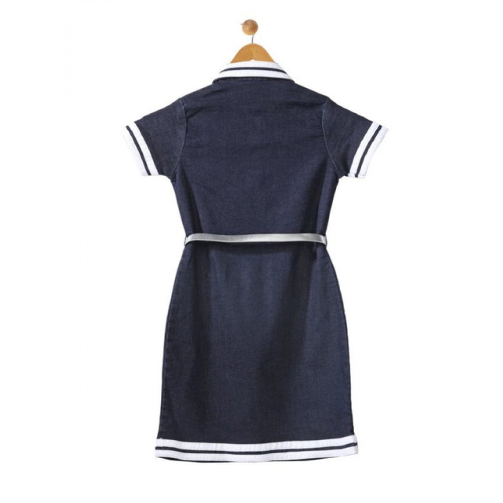 Generic Girl's Denim Lycra Ribbed Elasticated Dress with Belt (Navy Blue-White)
