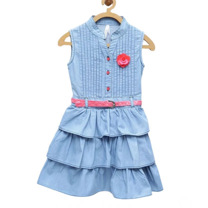 Generic Girl's Denim Embellished Sleeveless Dress with Belt (Light Blue)