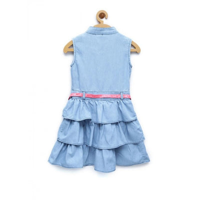 Generic Girl's Denim Embellished Sleeveless Dress with Belt (Light Blue)