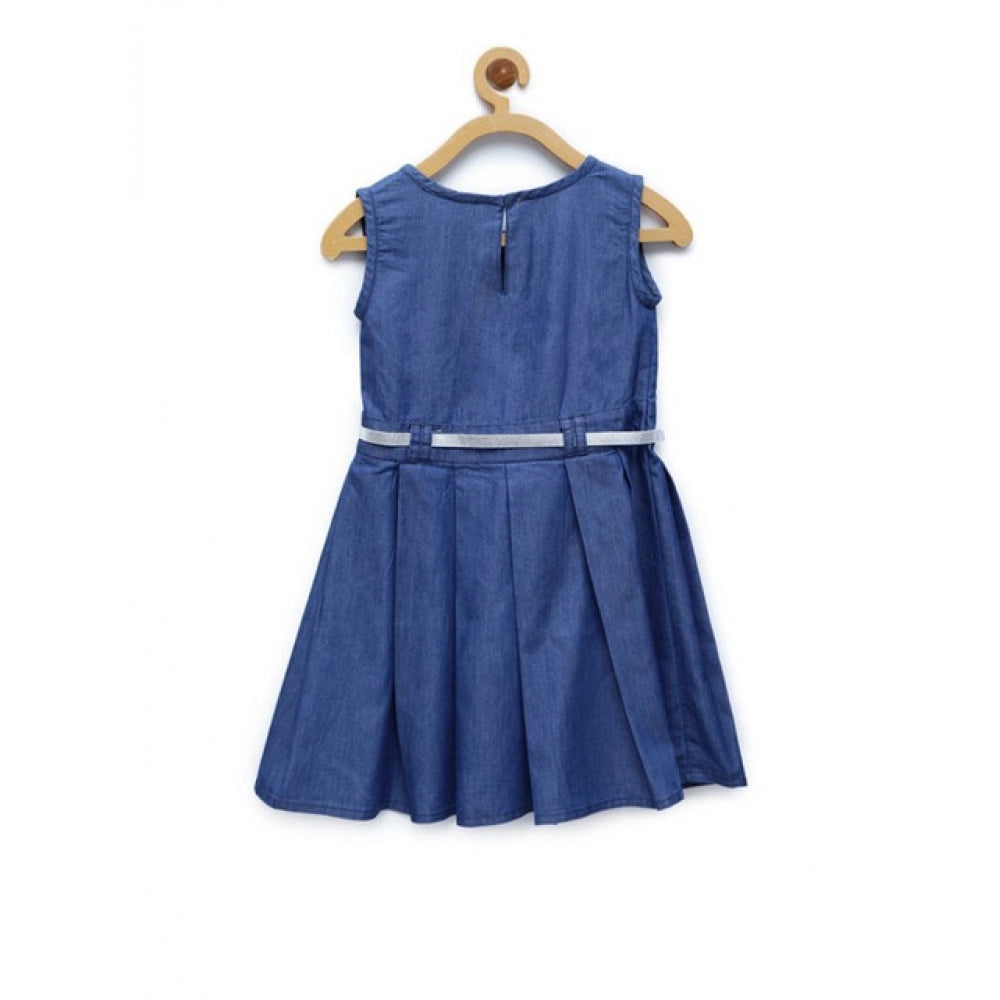 Generic Girl's Denim Embellished Sleeveless Dress with Belt (Blue)
