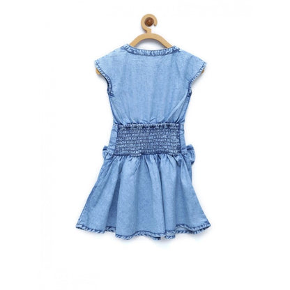 Generic Girl's Denim Embellished Cap Sleeve bow Dress (Light Blue)