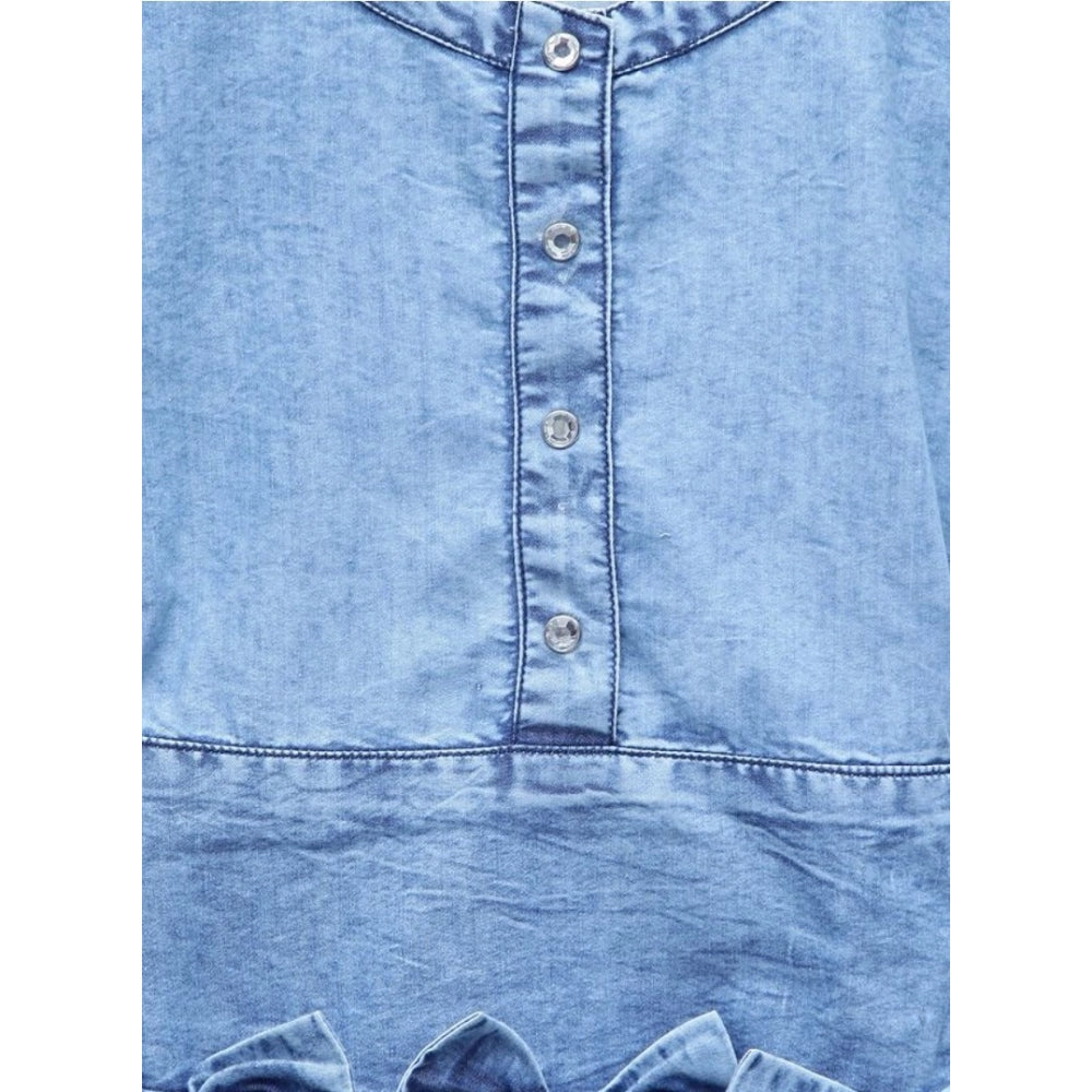 Generic Girl's Denim Embellished Cap Sleeve bow Dress (Light Blue)