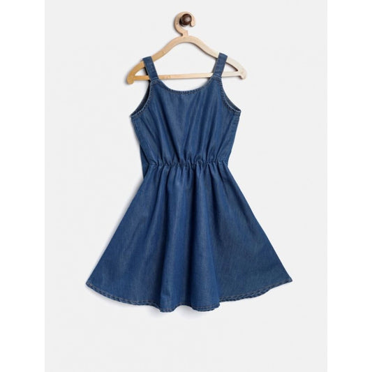 Generic Girl's Denim Printed Short Sleeve Dress with Straps (Blue)