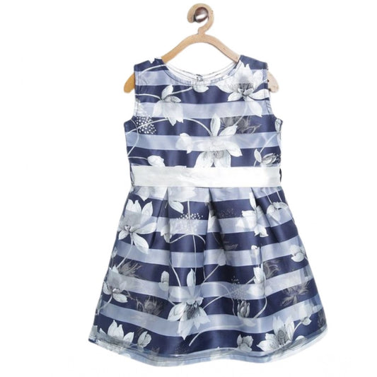 Generic Girl's Polyester Striped Sleeveless Dress (Navy Blue)
