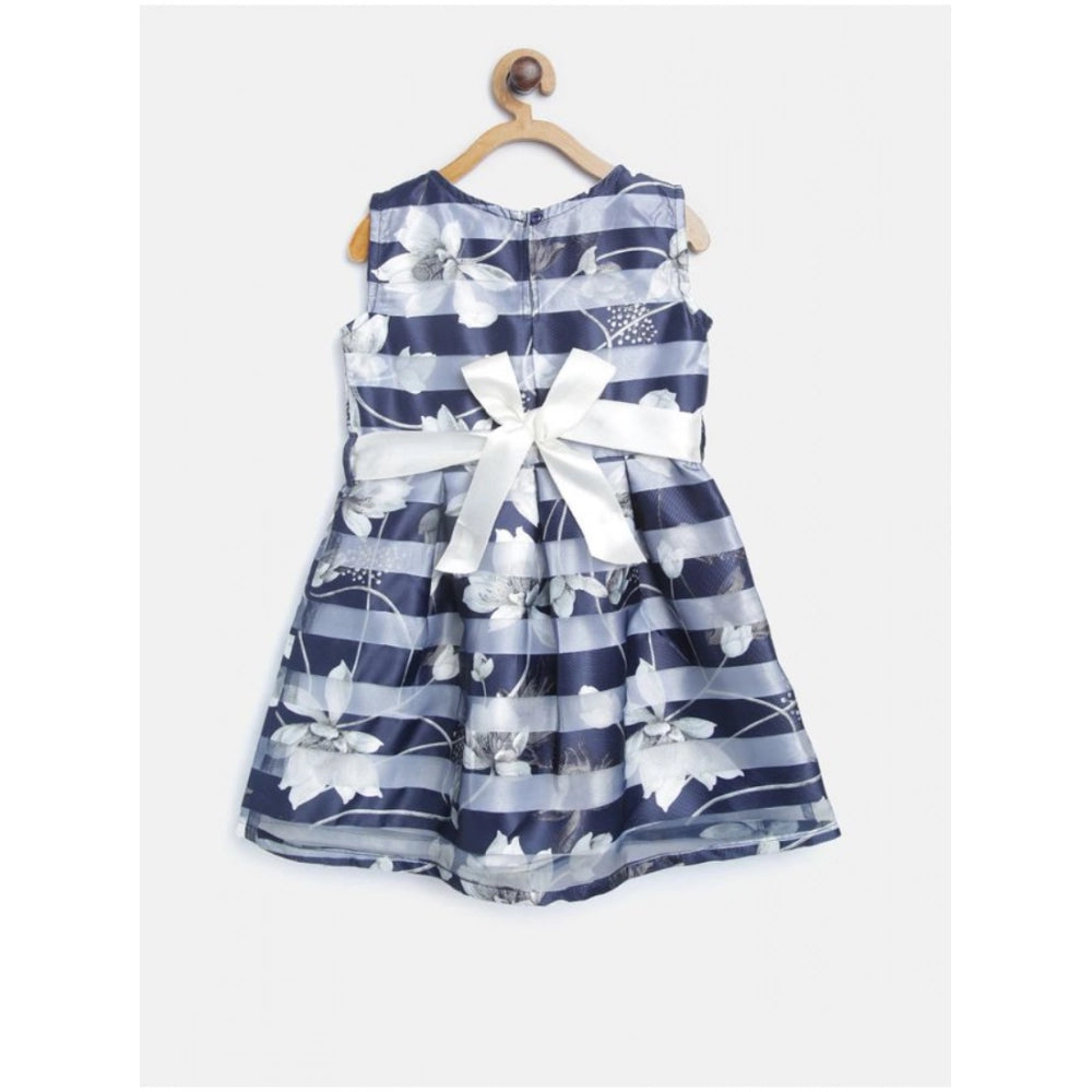Generic Girl's Polyester Striped Sleeveless Dress (Navy Blue)