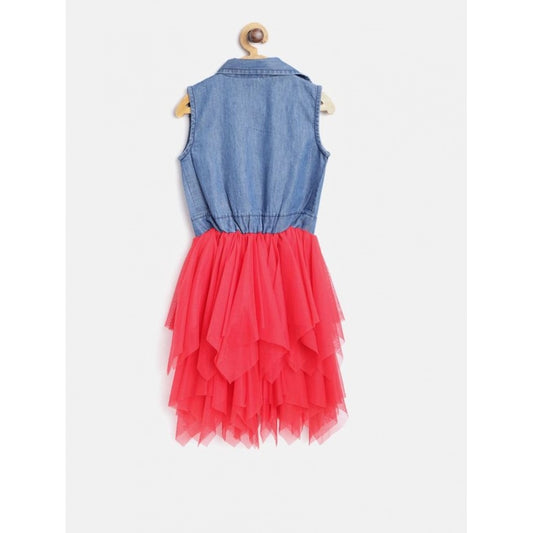 Generic Girl's Denim Roll Up Buttoned Dress (Blue-Red)