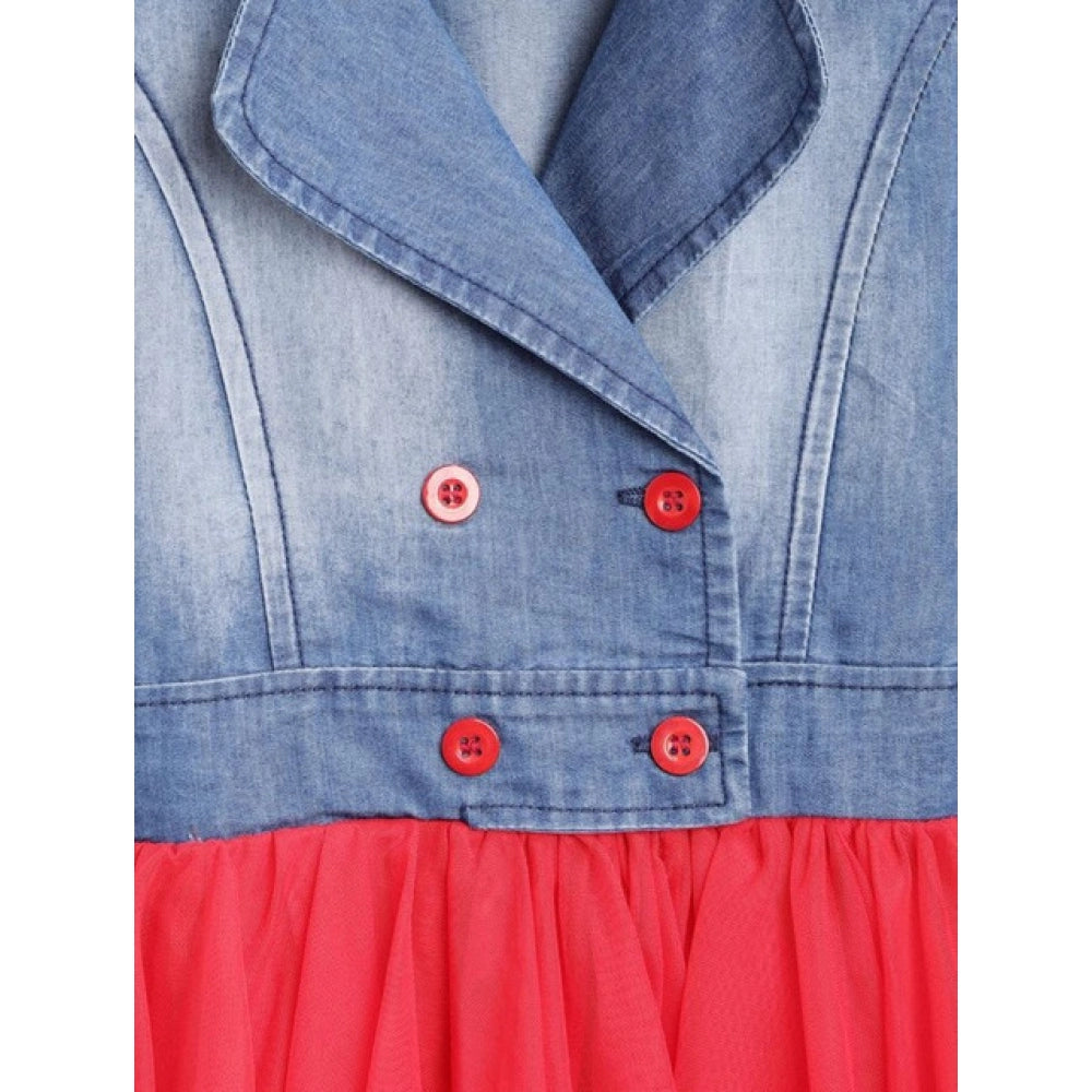 Generic Girl's Denim Roll Up Buttoned Dress (Blue-Red)