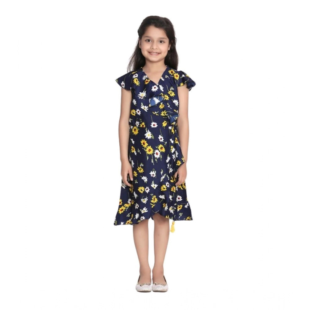 Generic Girl's Polyester Crepe Polka Cold Shoulder Dress (Navy Blue)