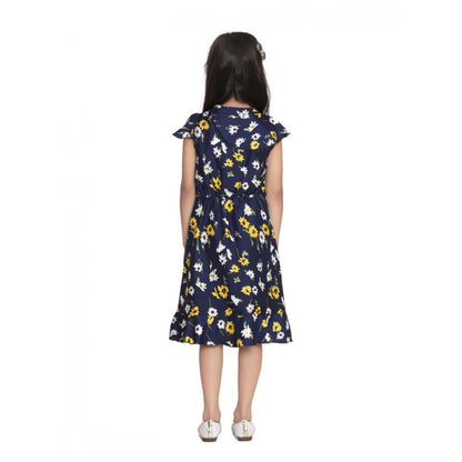 Generic Girl's Polyester Crepe Polka Cold Shoulder Dress (Navy Blue)