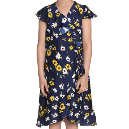 Generic Girl's Polyester Crepe Polka Cold Shoulder Dress (Navy Blue)