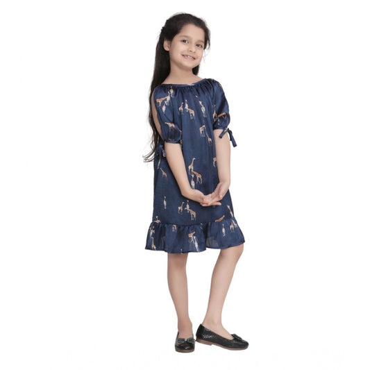 Generic Girl's Satin Animal Print Sleeveless Dress (Blue)