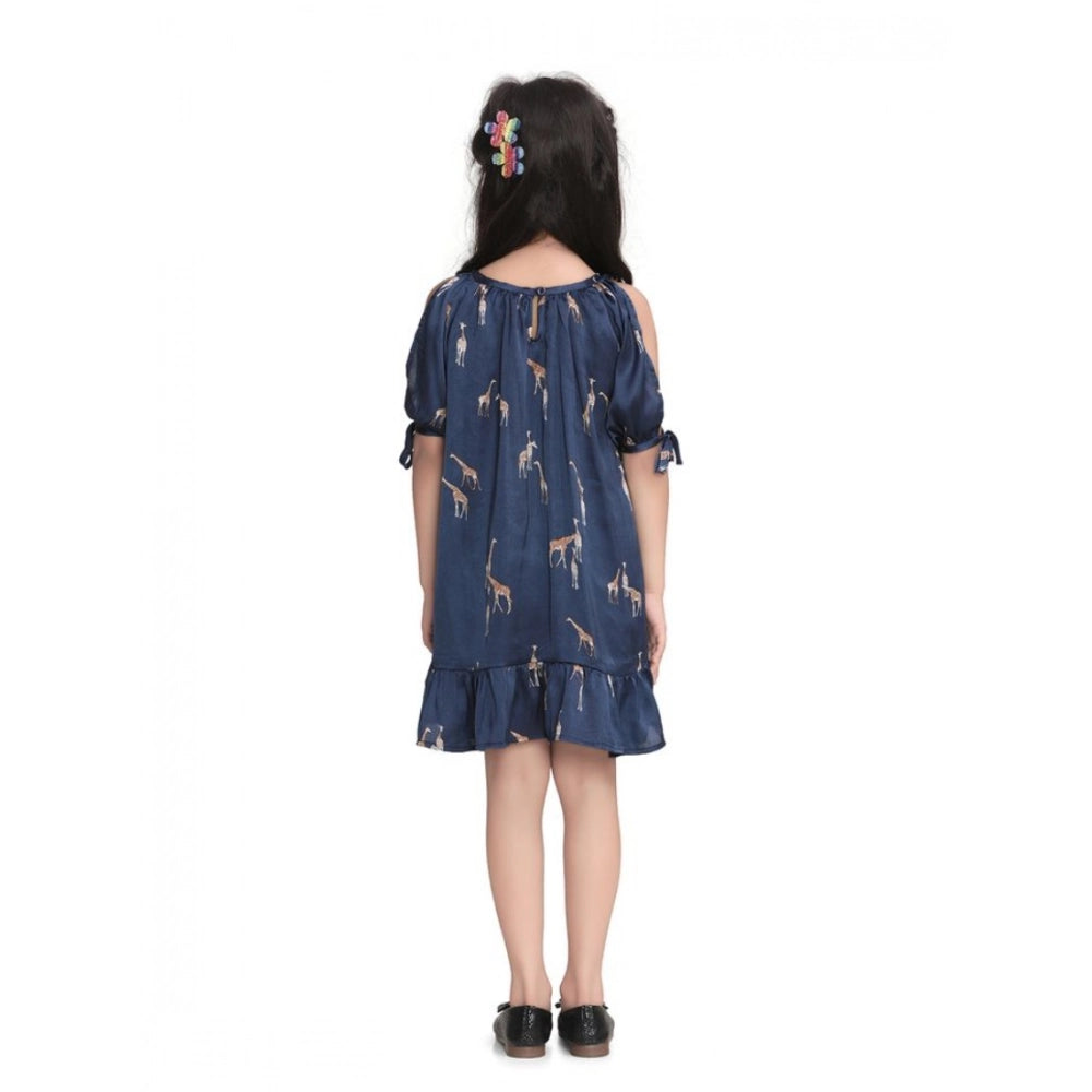 Generic Girl's Satin Animal Print Sleeveless Dress (Blue)